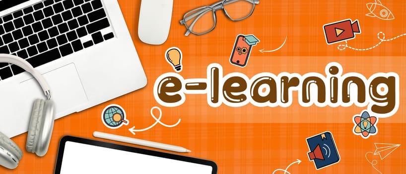 Laptop, digital tablet, headphone and stationery on orange background with e-learning word.Online education concept.