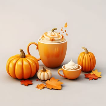 Orange cups with pumpkin soup around pumpkins and autumn leaves. Pumpkin as a dish of thanksgiving for the harvest, picture on a white isolated background. Atmosphere of joy and celebration.