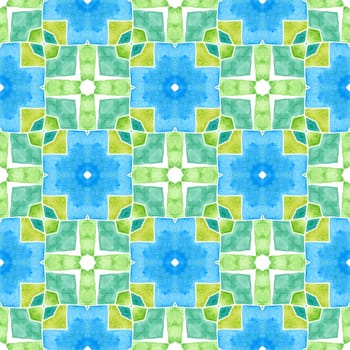 Tiled watercolor background. Green optimal boho chic summer design. Hand painted tiled watercolor border. Textile ready noteworthy print, swimwear fabric, wallpaper, wrapping.