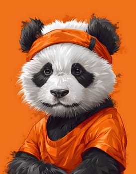 A happy panda, a mammal carnivore belonging to Felidae family, wearing an orange shirt with matching headband, showing its black and white fur, whiskers, and enjoying its day