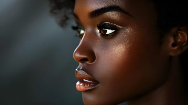 a close up of a woman s face with a dark background . High quality