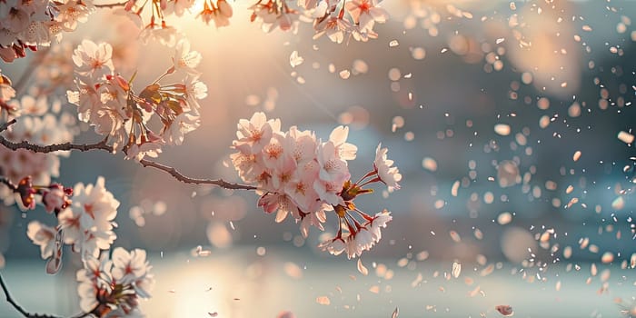 Cherry blossom branch in full bloom with petals in the air, warm sunlight backlighting delicate pink flowers against soft focus background. Floral sakura background. Ai generation. High quality photo