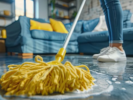 Person cleaning tiled floor with yellow mop in living room with blue sofa and yellow cushions. Household chores and home maintenance concept with focus on floor cleaning. Ai. High quality photo