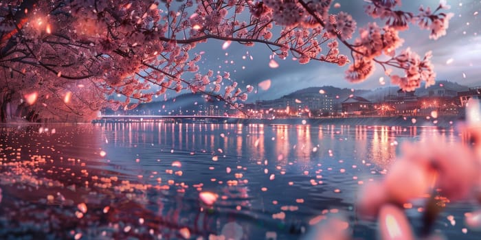 Sakura blossoms with falling petals over lake at dusk. The lights of city are reflected in water. Spring picturesque landscape with pink petals in air and on surface of water. Ai. High quality