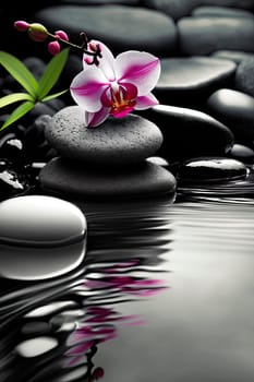 zen stones on a background of water and bamboo and orchid flowers. Generative AI,