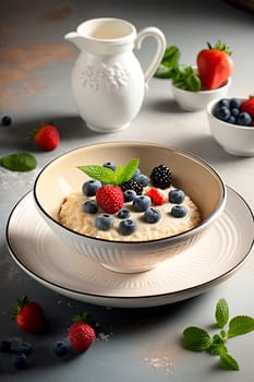 Healthy breakfast porridge with berries on a plate isolate on a white background. Generative AI,