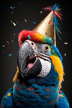 happy macaw parrot in party hat and birthday confetti. Generative AI,