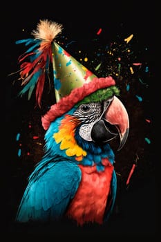 happy macaw parrot in party hat and birthday confetti. Generative AI,