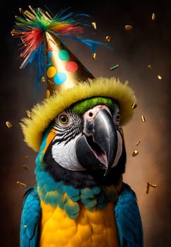 happy macaw parrot in party hat and birthday confetti. Generative AI,
