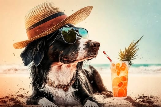 Dog on the beach with a cocktail. Generative AI,