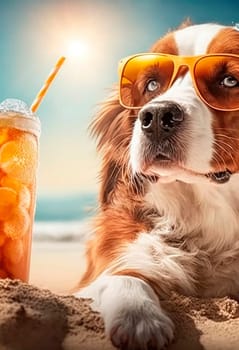 Dog on the beach with a cocktail. Generative AI,