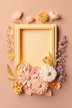Beautiful flowers flower frame flat lay, top view, free space. Generative AI,