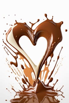 Chocolate splash in heart shape isolate on white background. Generative AI,
