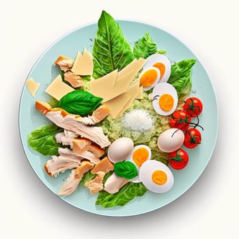 Caesar salad with chicken on a plate isolate on a white background. Generative AI,