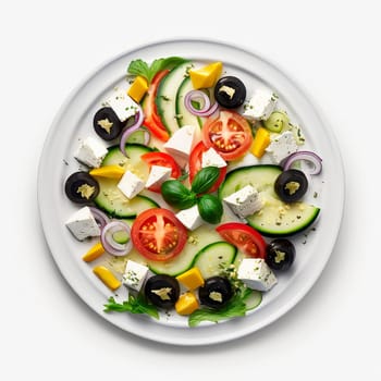 Greek salad on a plate isolate on a white background. Generative AI,