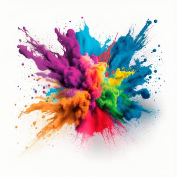 Colorful rainbow holi paint splash, explosion of colored powder on white background. Generative AI,