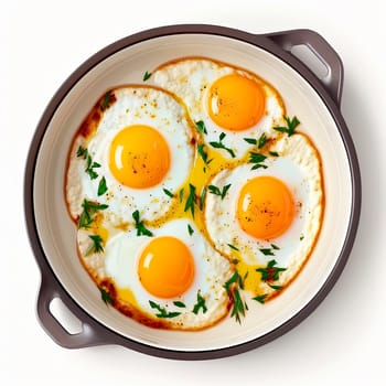 Fried eggs in a frying pan isolate on a white background. Generative AI,