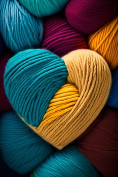 yarn for knitting multi-colored threads in the shape of hearts a lot. Generative AI,