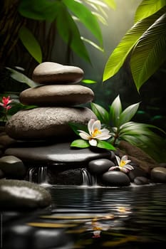 Zen stones and bamboo on the water lined with spa pebbles and plumeria flowers. Generative AI,