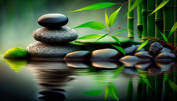 Zen stones and bamboo on the water lined with spa pebbles. Generative AI,