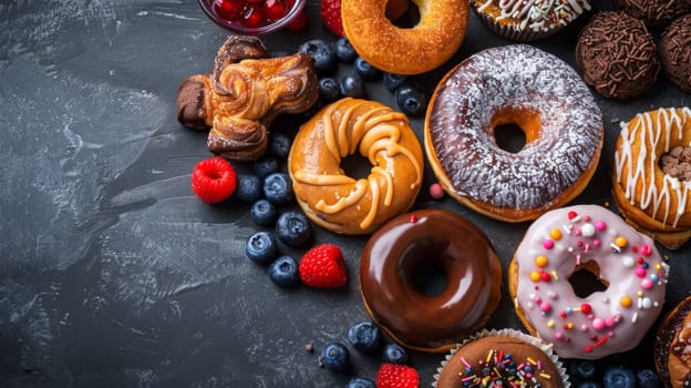A table with a variety of donuts and berries on it
