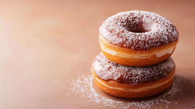Two donuts are sitting on top of each other with powdered sugar