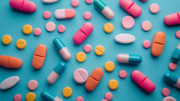 A colorful assortment of pills and tablets on a blue background