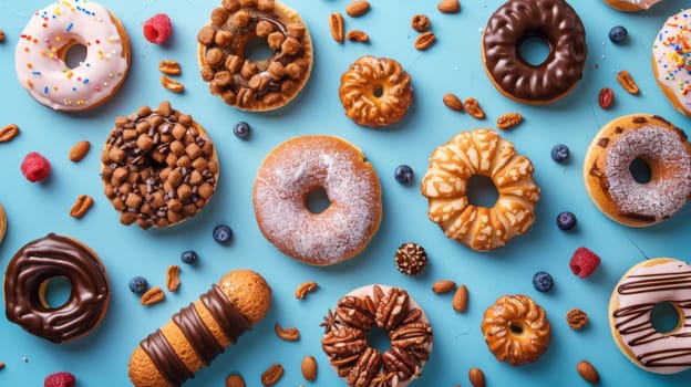 A variety of different donuts are on a blue background