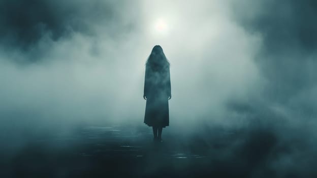 A woman standing in the fog with a dark silhouette