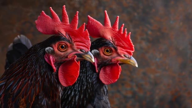 Two black and red chickens with bright orange beaks standing next to each other