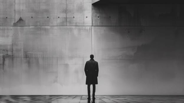 A man standing in a room with concrete walls and floor