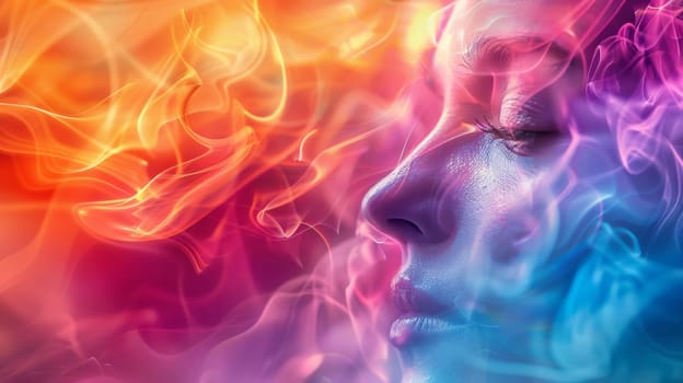 A woman's face is surrounded by colorful smoke and flames