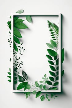 Minimalistic green rectangular frame on a white background with green leaves. Generative AI,