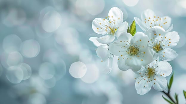 A close up of a flower with white petals and green leaves
