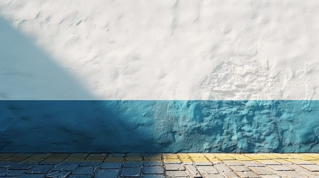 A blue and white wall with a yellow line on it