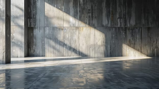 A room with concrete walls and a window that is open