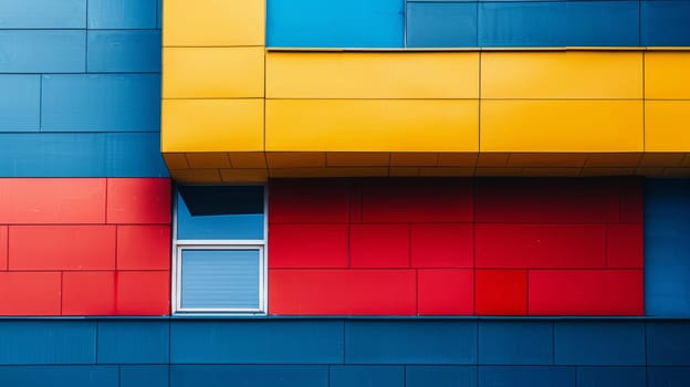 A window of a building with red, blue and yellow tiles