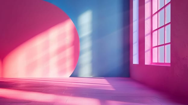 A pink and blue room with a window in the middle