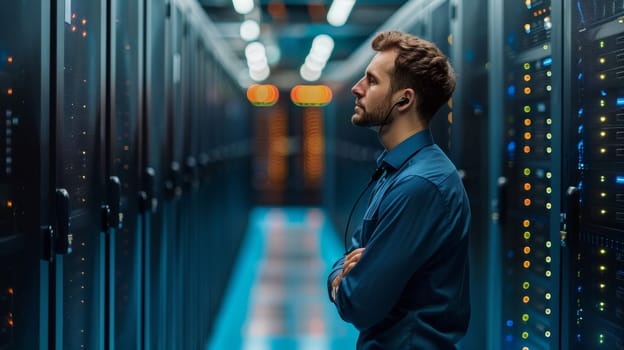 A man in a server room with headphones on