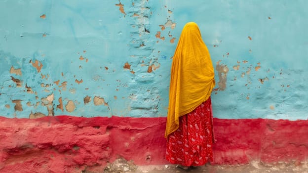 A woman in a yellow scarf standing next to an old wall