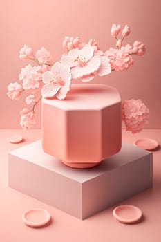 background, cosmetic product promotion podium, floral, pastel pedestal. Generative AI,