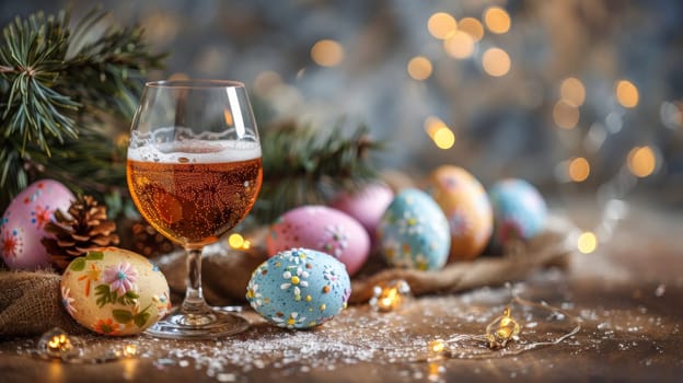 A glass of beer is sitting next to easter eggs and pine cones