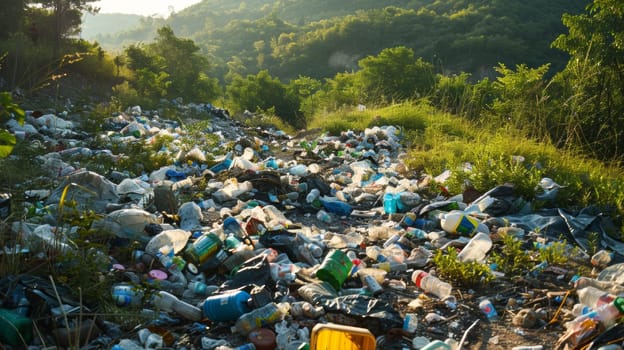 A large pile of trash and bottles on a hillside