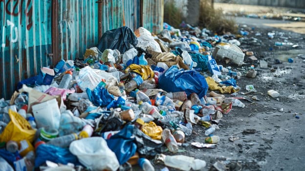 A pile of trash and garbage is piled up next to a wall