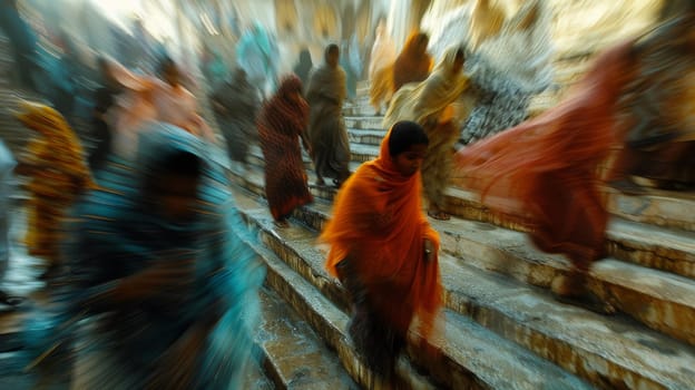 A group of people walking down a set of stairs in colorful clothing