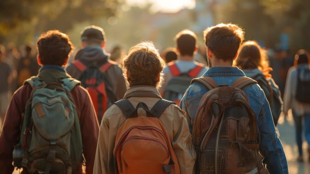 A group of people walking down a street with backpacks