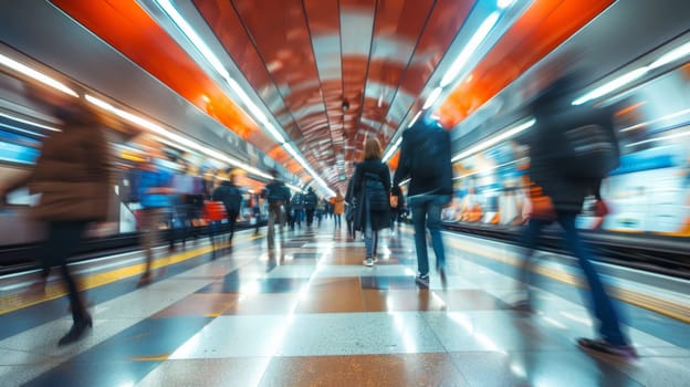 A group of people walking down a subway platform with the train coming
