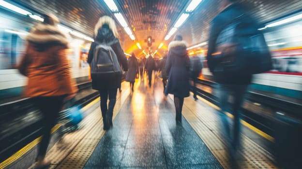 A group of people walking down a subway platform with the train coming