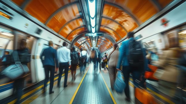 A group of people walking down a subway train with luggage