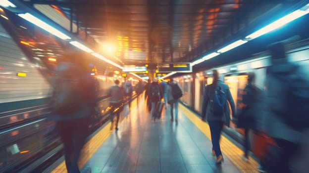A group of people walking down a subway platform with the train coming